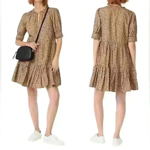 J. Crew | Ruffleneck Tiered Popover Dress in Leopard Dot sz Small S Tan black - Picture 1 of 9